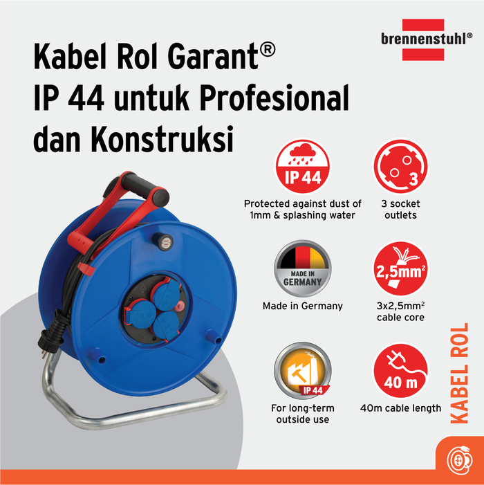 Gambar Kabel Roll 3 Lubang Brennenstuhl Garant Cable Reel IP44 40M 3 Socket H07RN-F 3G2.5 for site outdoor / Colokan Listrik dengan Kabel Gulung 40 Meter - 1233120 dari Brennenstuhl Indonesia Kota Administrasi Jakarta Utara Tokopedia