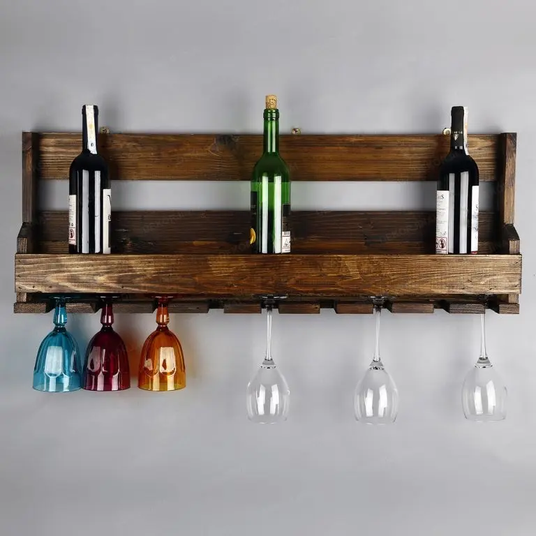 Rak wine kayu dinding kapasitas 9 gelas & botol finishing walnut bakar