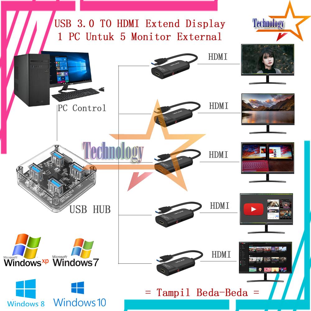USB 3.0 to HDMI Extended Display 1 PC U/ 5 Monitor Tampil Beda-beda 2K