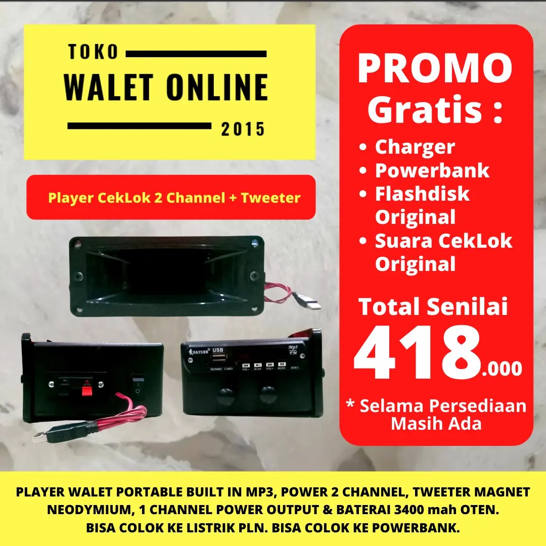 PLAYER CEK LOKASI WALET PORTABLE 2 CHANNEL BUILT IN TWEETER & BATERAI