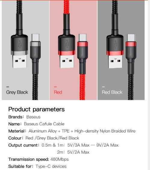 Gambar Baseus Cafule Cable Type-C 200CM Original - black-red dari Ori aksesoris 1 Kota Administrasi Jakarta Pusat Tokopedia