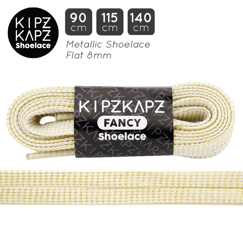 KIPZKAPZ XS18 White Gold - 90cm 115cm 140cm - Tali Sepatu Pipih / Flat Metallic Shoelace 8mm