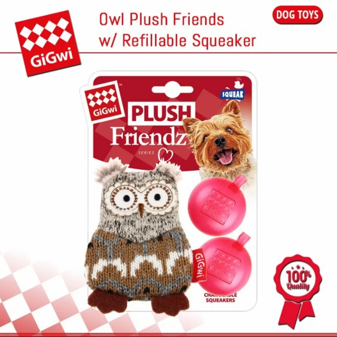 mainan anjing gigwi plush friendz owl grey and brown