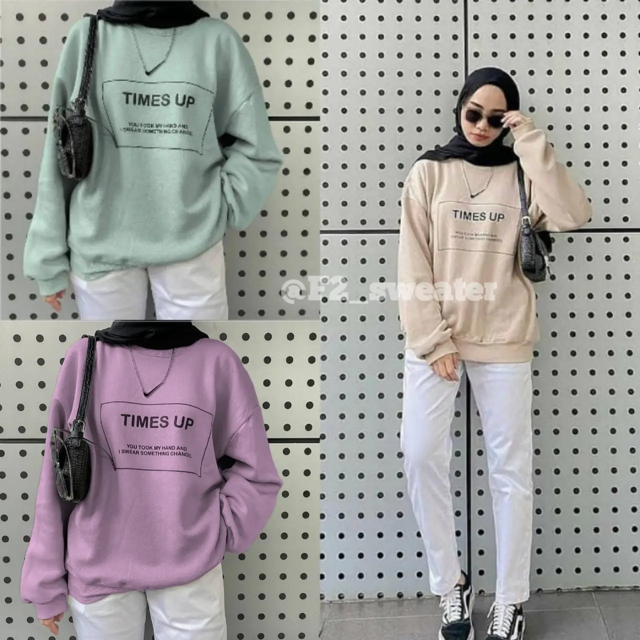 F2 Sweater Times Up Oversize Sweater Crewneck Wanita Bahan Fleece