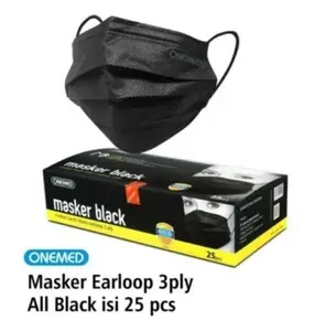Onemed Masker Hitam 3 Ply Earloop Black Surgical Mask Masker Isi 25