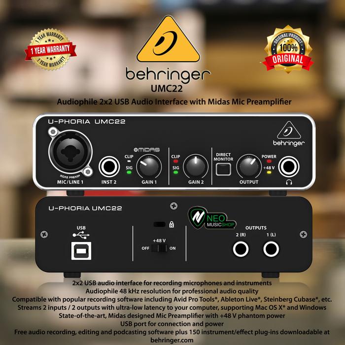 Jual BEHRINGER UMC22 [ UMC 22 ] AUDIO INTERFACE SOUNDCARD W/ MIDAS ...
