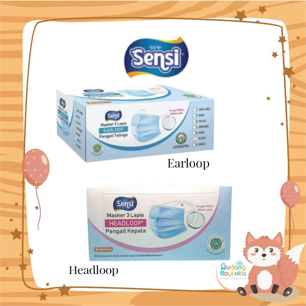 SENSI MASK Earloop Headloop 3 Ply 40pcs/Box / Masker Kesehatan Dewasa - Earloop
