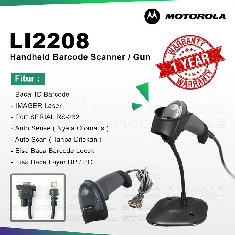 Motorola Symbol LI2208 Barcode Scanner 1D Serial Port RS232 + Stand 1