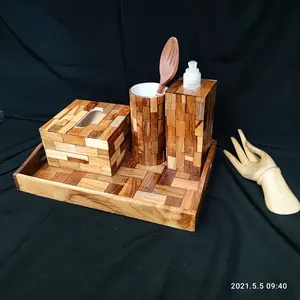 Set Tray box tissue dispenser soap dan tempat sisir kayu jati mozaic 1