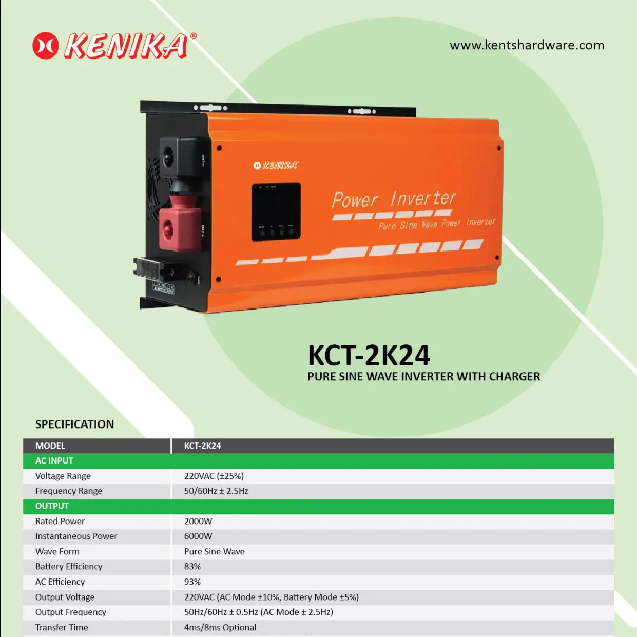 KENIKA UPS SOLAR POWER INVERTER PURE SINE WAVE 2000W-24V DC [KCT-2K24]