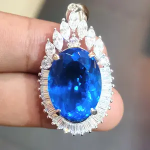 Kalung Liontin Alpaka Batu Akik Permata Blue Topaz London Oval