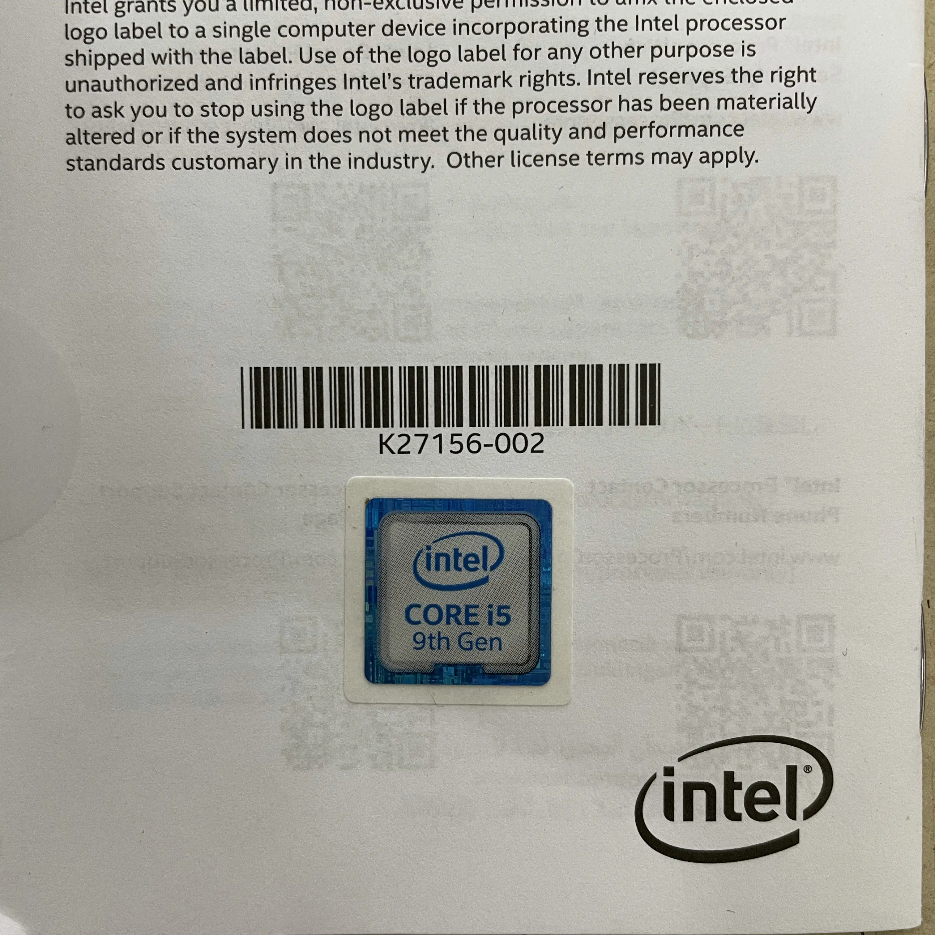 sticker processor core i5 gen 9