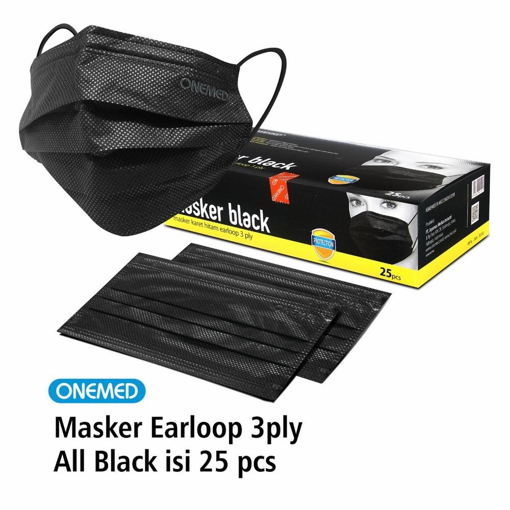 Onemed Masker Medis 3 ply Hitam All Black box isi 25pcs Original
