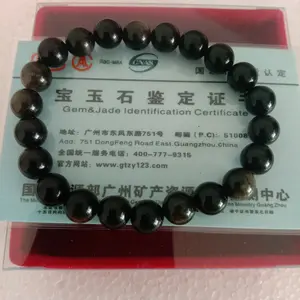 GELANG BATU ASLI OBSIDIAN HITAM 8 mm GOLDEN FENGSHUI HADIAH SERTIFIKAT