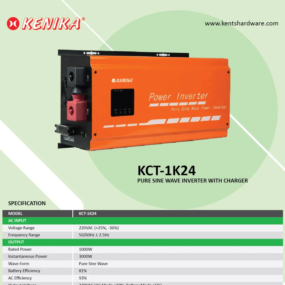KENIKA UPS SOLAR POWER INVERTER PURE SINE WAVE 1000W-24V DC [KCT-1K24]