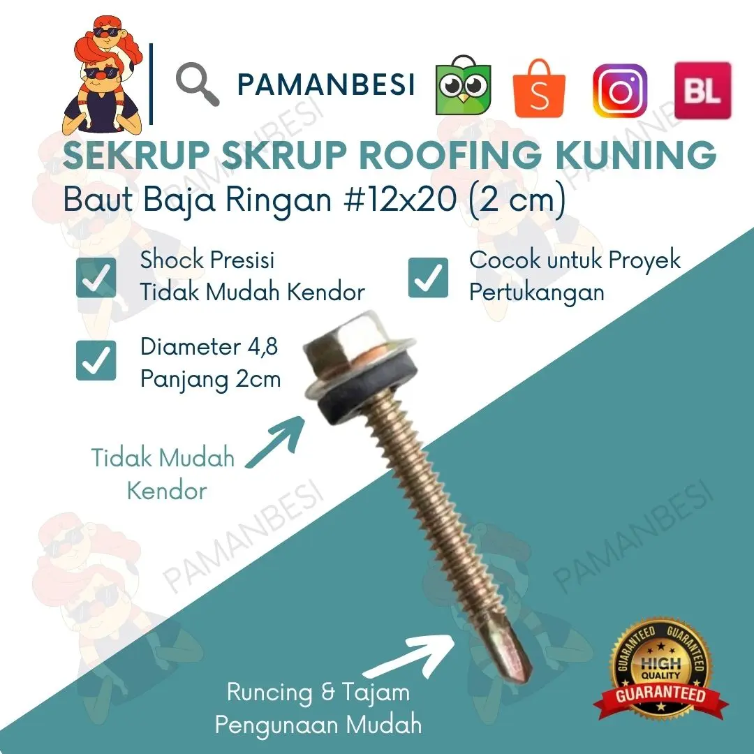 SEKRUP ROOFING KUNING/BAUT BAJA RINGAN #12X20 (2CM)