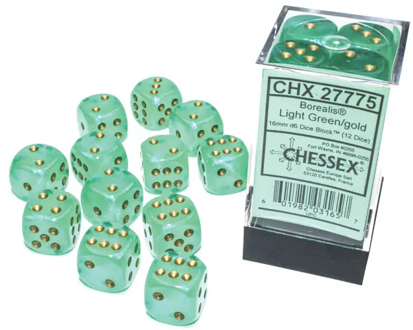 Chessex Borealis Luminary Green/Gold Set 16mm D6 12 Dice (CHX 27775)