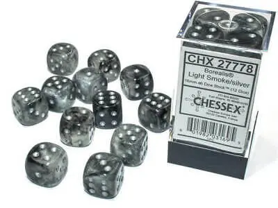 Chessex Borealis Luminary Light Smoke/Silver 16mm D6 12 Dice CHX 27778