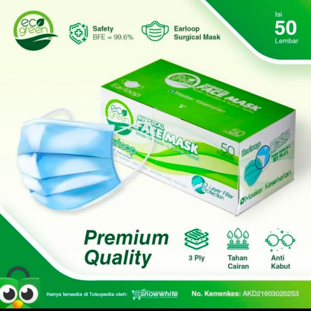 masker medis TI ON(tali ikat)Eco Green kemenkes 50 pcs 3ply AKD