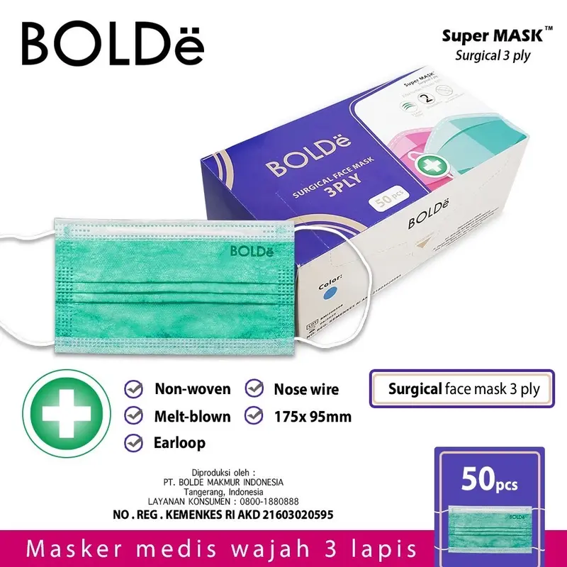 BOLDe Surgical Mask isi 50/Box ( Masker Medis) Kemenkes RI 2