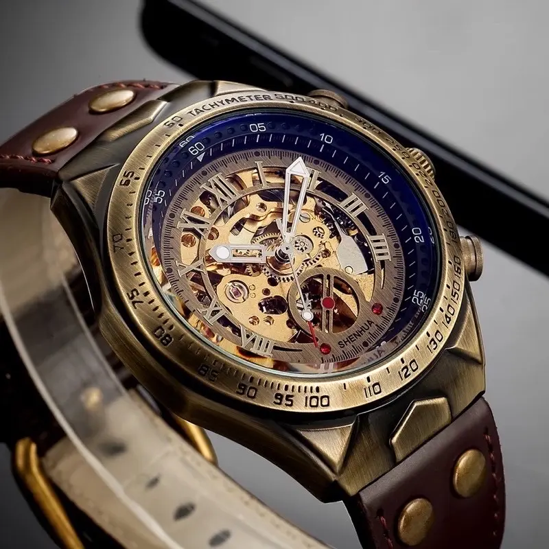 Jam Tangan Mekanik Automatis Berkelas Retro Mewah Perunggu Shenhua
