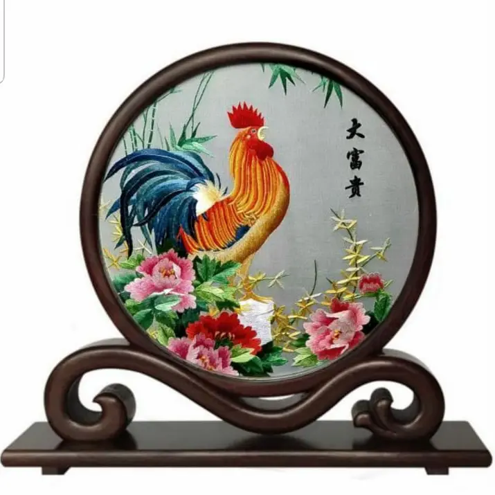 Lukisan Sulam/ Silk hand embroidery/ roosters