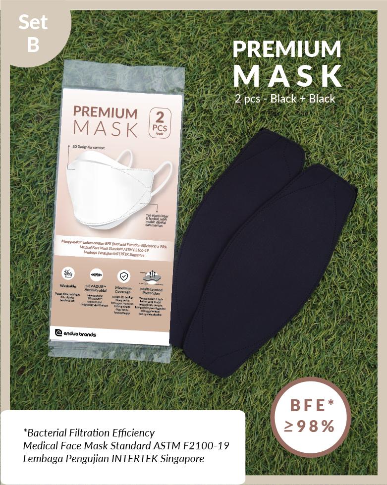 Premium Mask Set B - 2 Pcs Hitam + Hitam, BFE 98%, Standar Medis ASTM F2100-19, Silvadur Antimikroba, Desain 3D, Nyaman & Tahan Lama