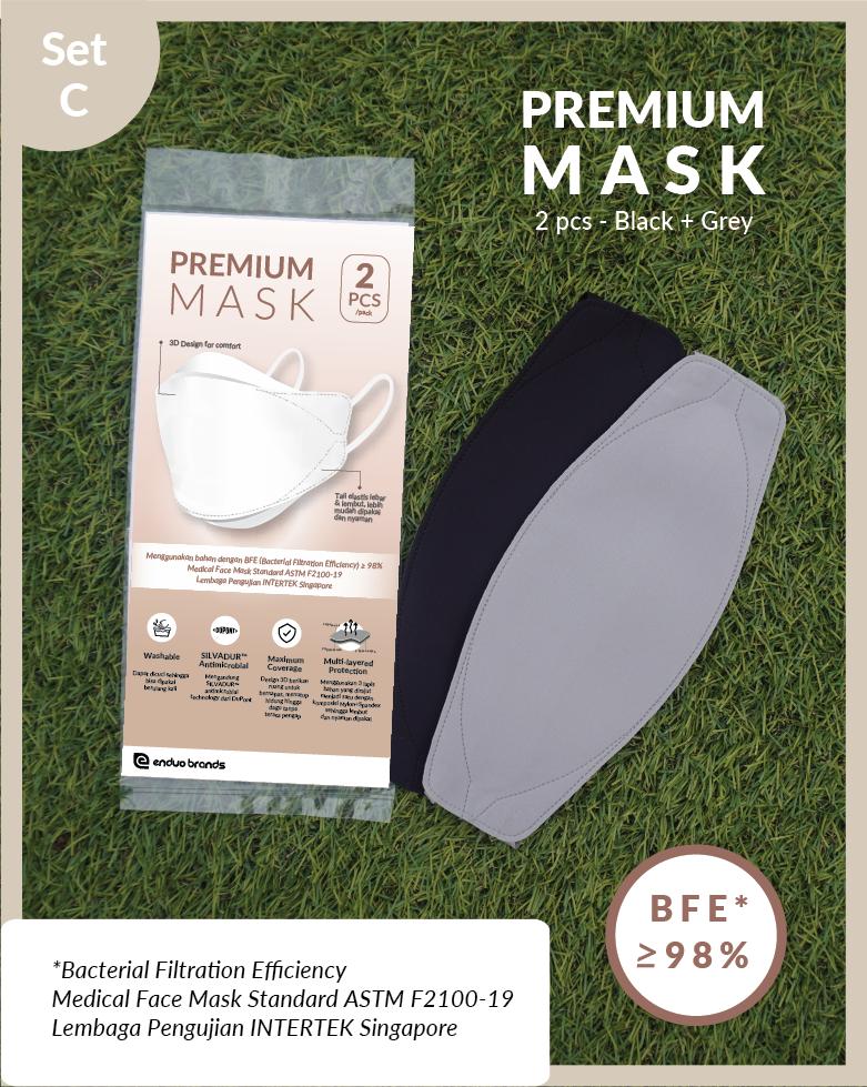 Masker Premium Mask Set C - Hitam & Abu-abu, 2 Pcs, BFE 98%, Standar Medis ASTM F2100-19, Silvadur Anti mikroba, Desain 3D, Nyaman, Bisa Dicuci