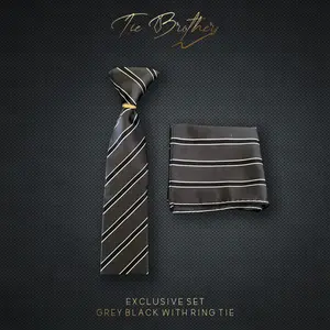 Set grey black abu hitam dasi panjang, pocket square, ring tie, box