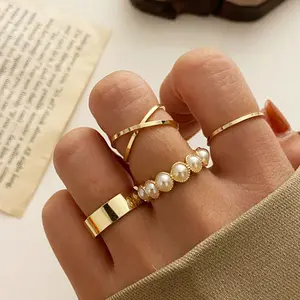 cincin set 4pcs pearl cross set rings jci070