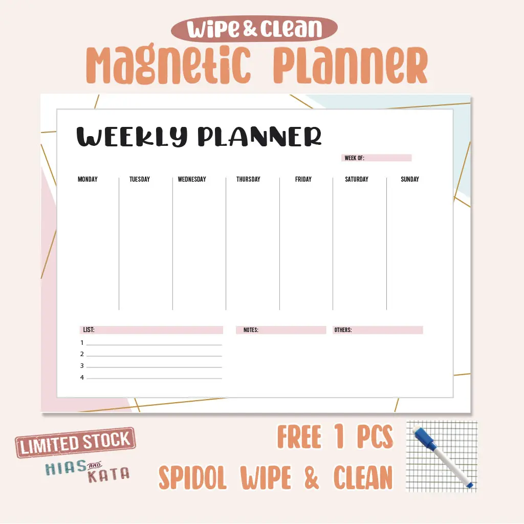 magnetic weekly planner minimalist lines magnet (free spidol magnet)