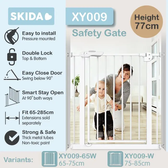 Baby Safe XY009 Pagar Pengaman Anak Bayi Pressure Fit Safety Gate White 75-85cm dengan Double Lock & Auto Close untuk Keamanan Anak dan Hewan Peliharaan