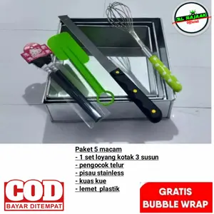 EL RAJA Official Paket Lengkap 5 Macam Alat Kue - 1 Set Loyang Kotak 3 Susun 3 Ukuran, Pisau Stainless, Kuas Kue, Pengocok Adonan & Spatula Plastik, Bahan Galvalum Anti Karat Roti Kitchenware