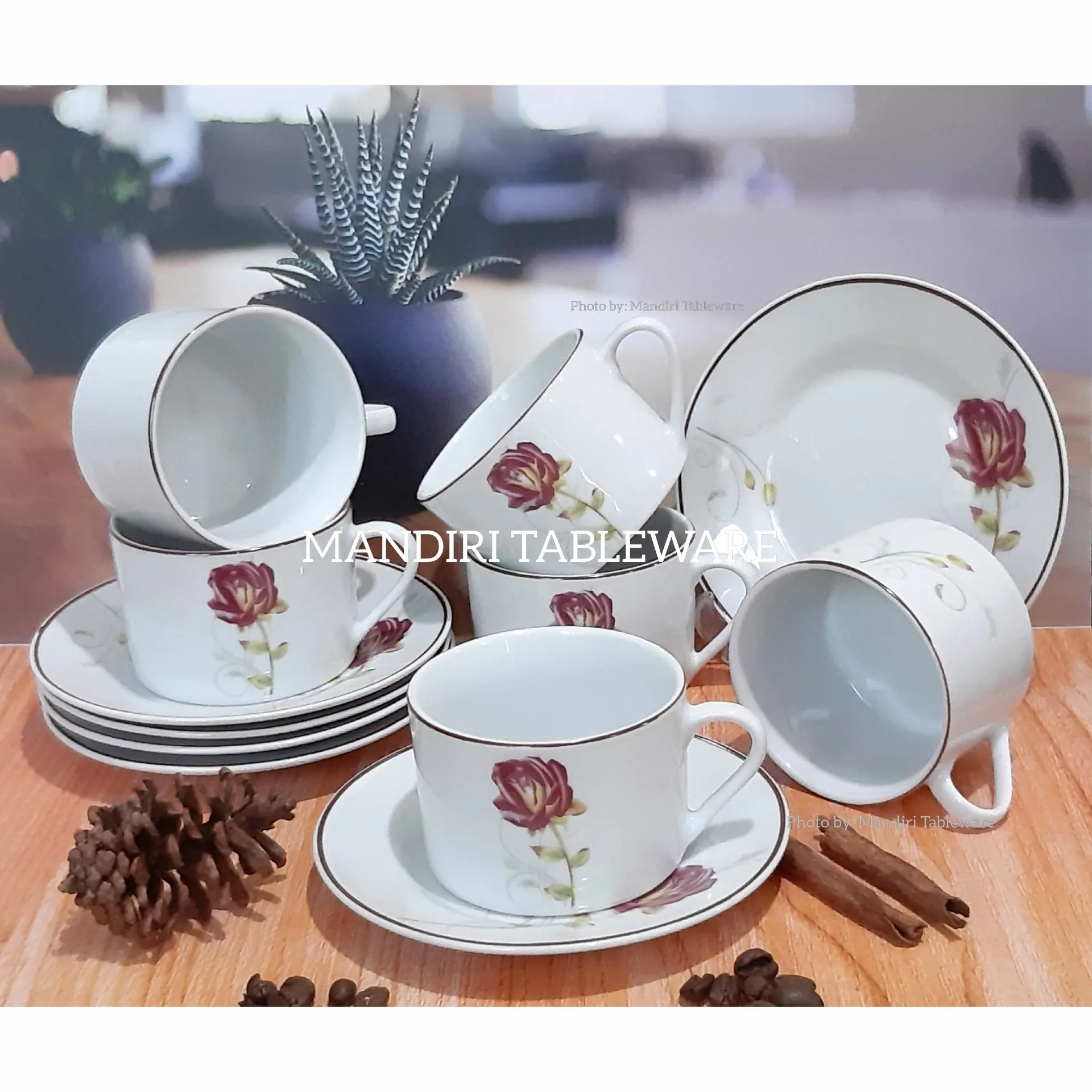 Cangkir Set Keramik Bulat | Motif Rosewood | Best Quality (Isi: 6 psg)