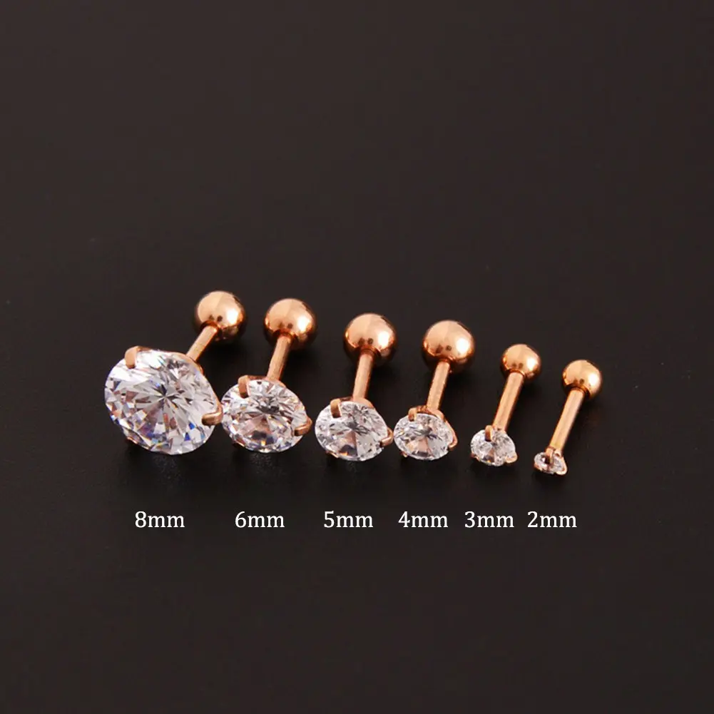 1PCS / 1Buah Anting Earring Lobe Standart Helix Tragus Screw Zircon Daimond 2mm - 8mm Rosegold Stainless  Steel Piercing Body Jewelry