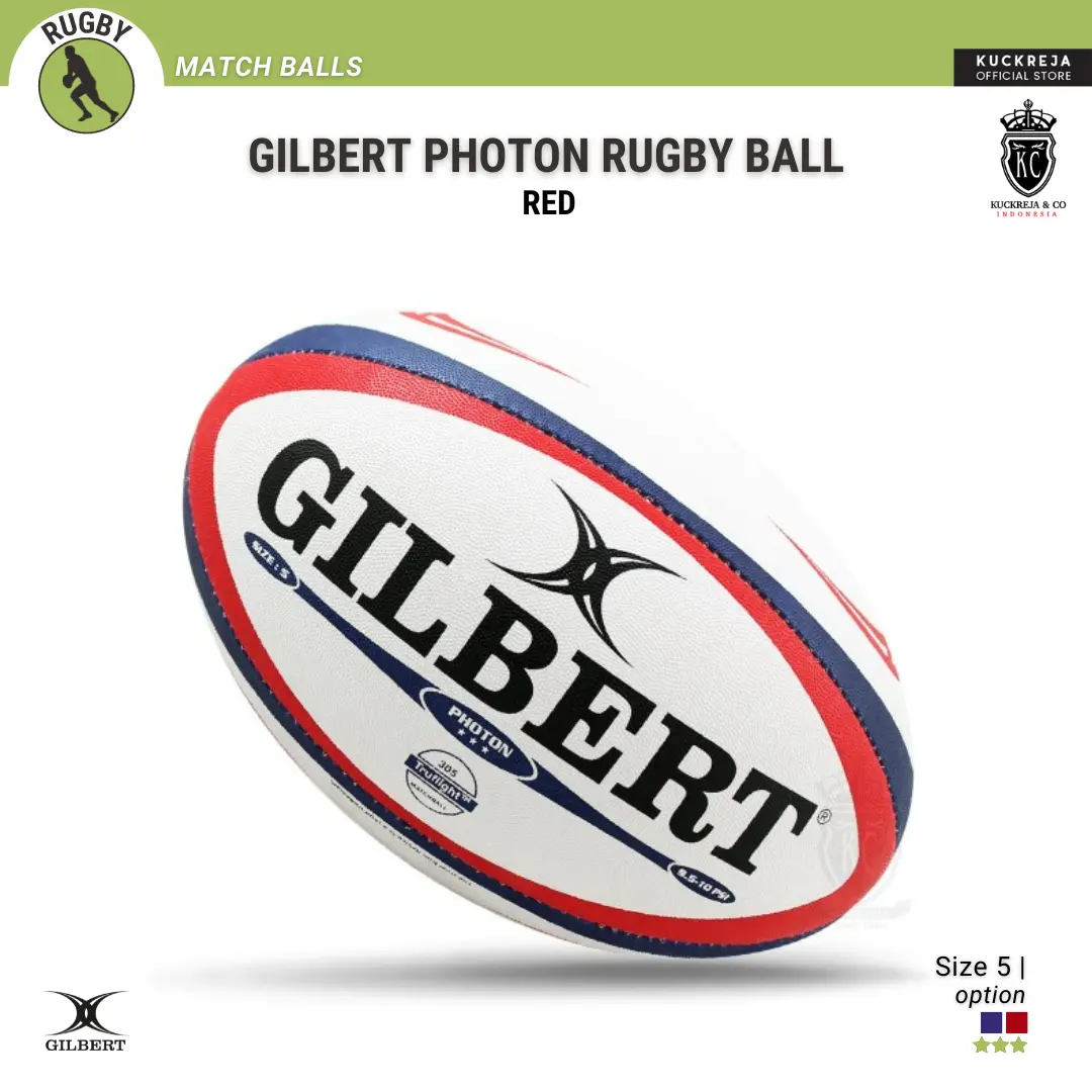 Gilbert Bola Rugby Photon Match Ball Merah - Ukuran 5 untuk Senior dengan Truflight Valve dan Permukaan Karet Fungsional - Bola Rugbi