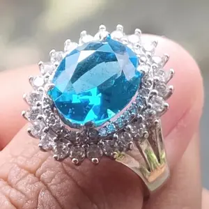 Cincin Wanita Batu Akik Permata Natural Blue Topaz Swiss Top Crystal
