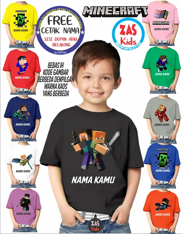 KAOS ANAK MINECRAFT BANYAK MOTIF FREE CETAK NAMA