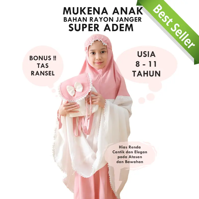Mukena Anak Adem Tanggung Motif Keyra Lucu 8-13 Tahun Rayon Premium