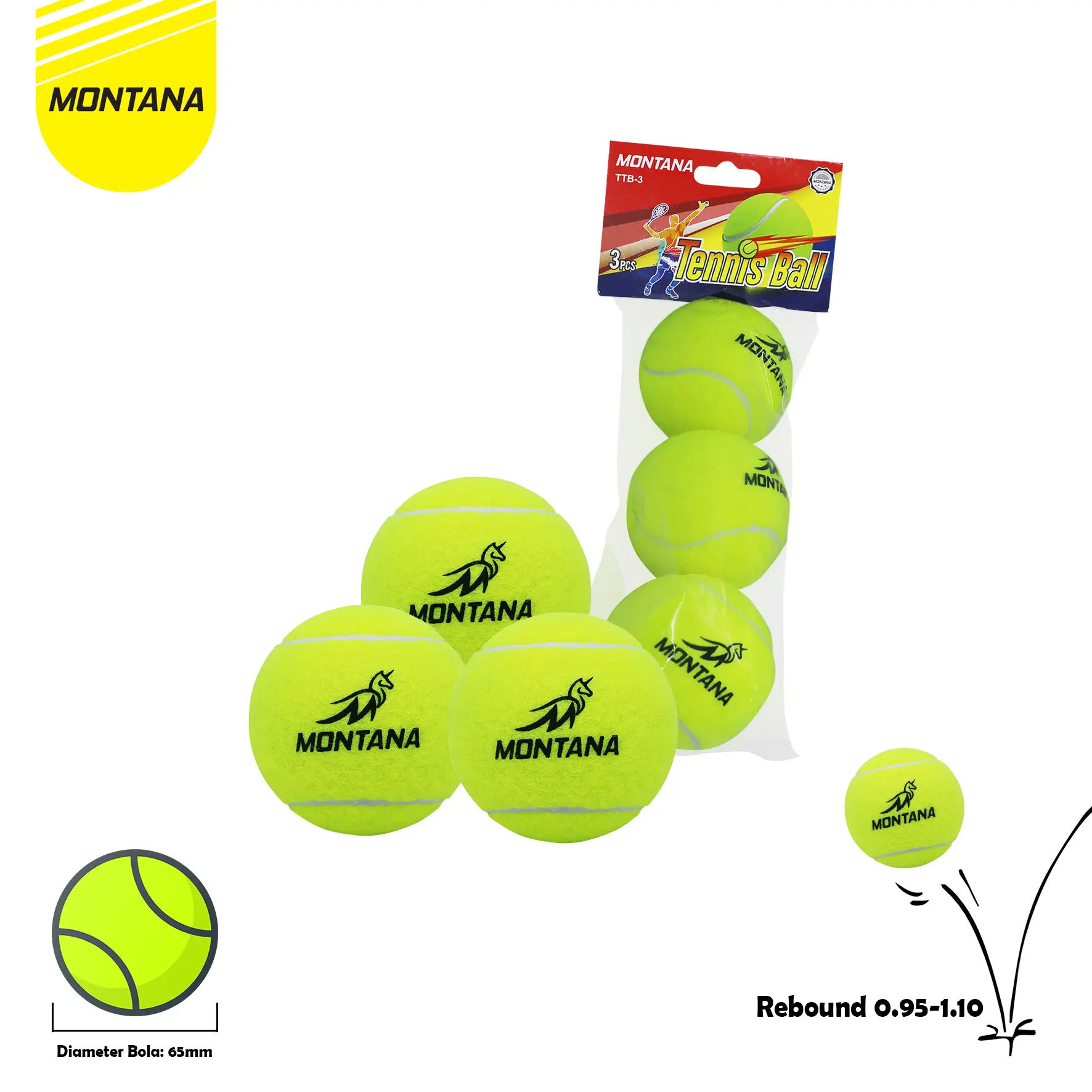 MONTANA Bola Tenis 3 Pcs Rebound 0.95-1.10 Tennis Ball Sport Bola Kasti TTB-3