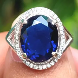Cincin Alpaka Wanita Batu Akik Permata King Safir Sapphire Oval