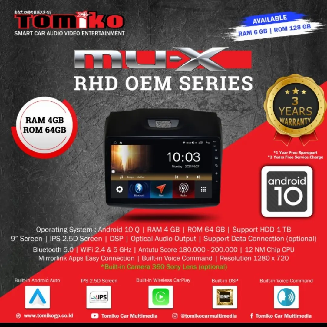Head Unit Android Tomiko OEM Series Isuzu MUX Ram 4Gb Rom 64 Gb