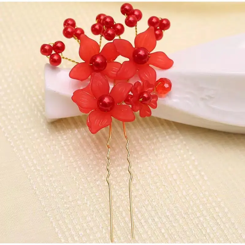 Tusuk konde-Hair Flower-Hiasan rambut/wedding bridal Bunga Mutiara Putih Clips Merah 4