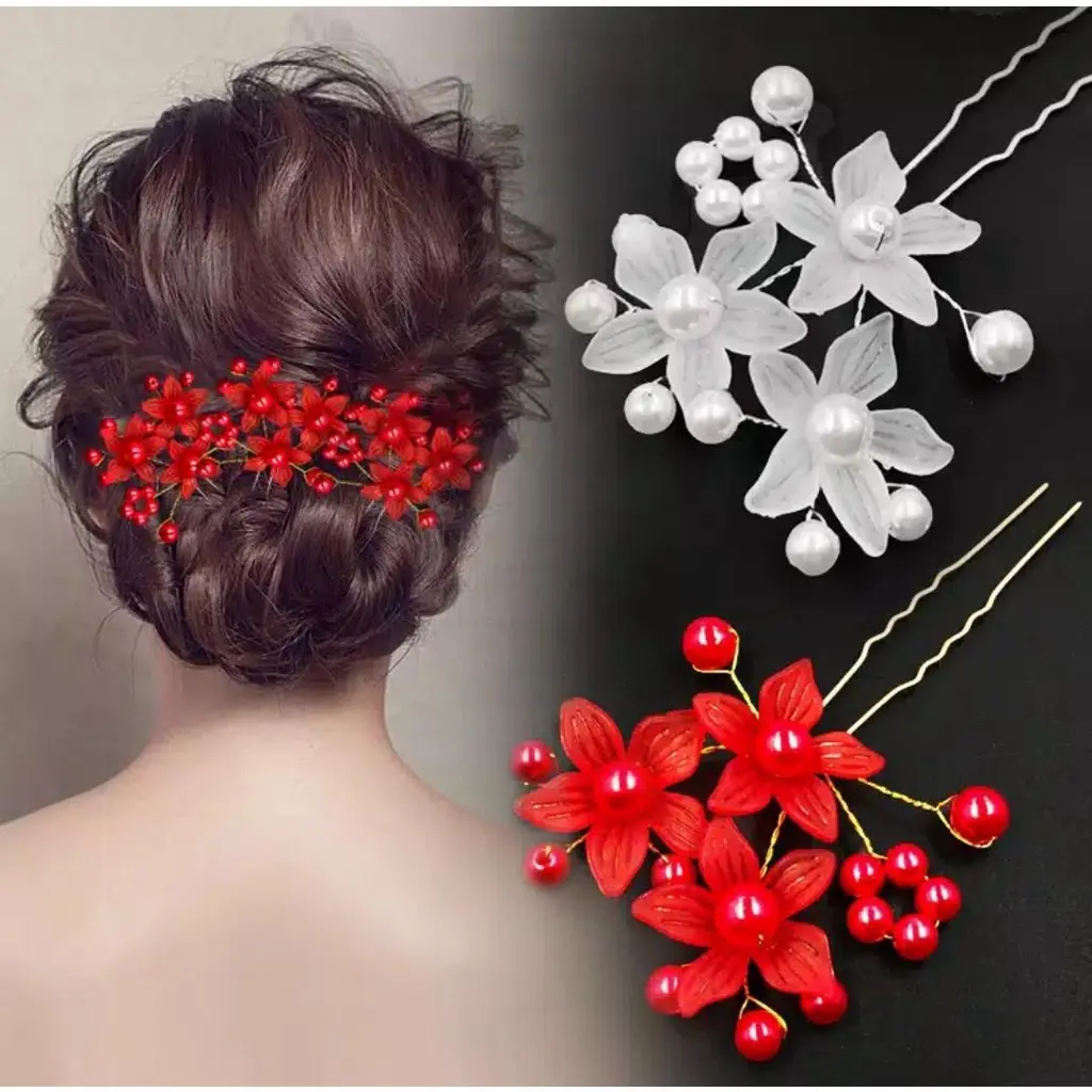 Tusuk konde-Hair Flower-Hiasan rambut/wedding bridal Bunga Mutiara Putih Clips Merah