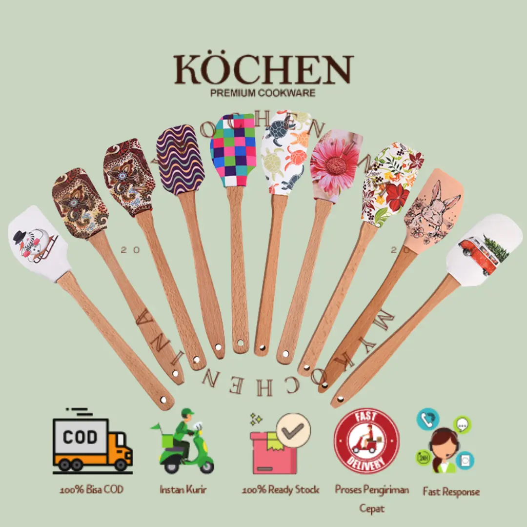 KOCHEN Spatula Silikon Motif Tahan Panas Gagang Kayu Food Grade
