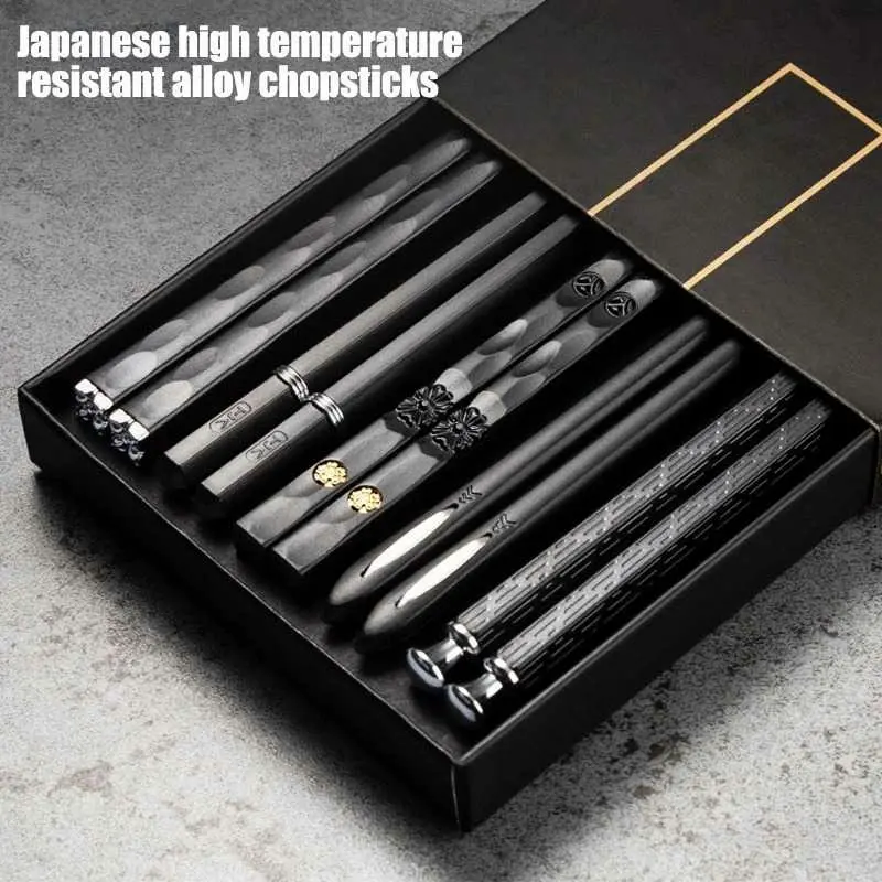 5 Pasang Alat Makan Sumpit Japanese Style Reusable Metal Alloy Hitam