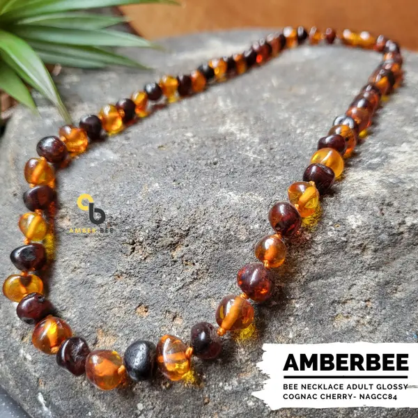 Amber Bee Kalung Amber Dewasa Premium Glossy Cognac Cherry NAGCC84 Panjang 46-50 cm Berat 8 gram Model Baroque Bahan Full Amber Cocok untuk Anak Remaja dan Dewasa