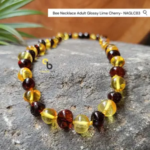 Amber Bee Kalung Amber Dewasa Premium Glossy Lime Cherry NAGLC83 Model Baroque Full Amber Ikat Mati Tiap Butir Ulir Plastik Long 46-50 cm