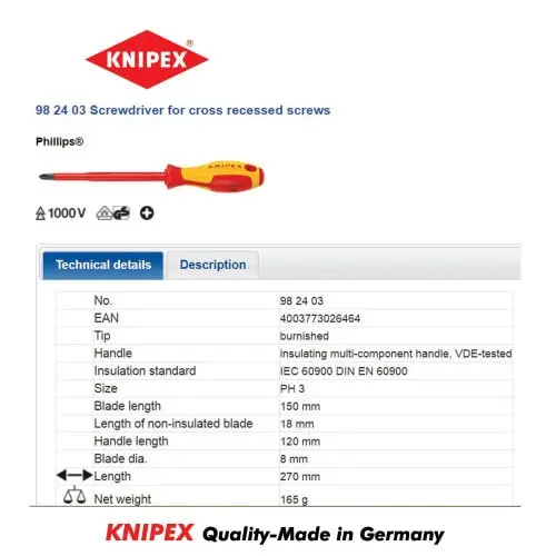 Obeng Plus Listrik 98 24 03 Knipex Screwdriver for cross recessed PH3 2