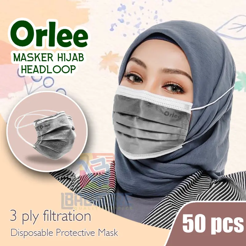 Masker Headloop Hijab 3 Ply Lapis 3Ply ORLEE Abu Abu2 Grey isi 50 Pcs 3